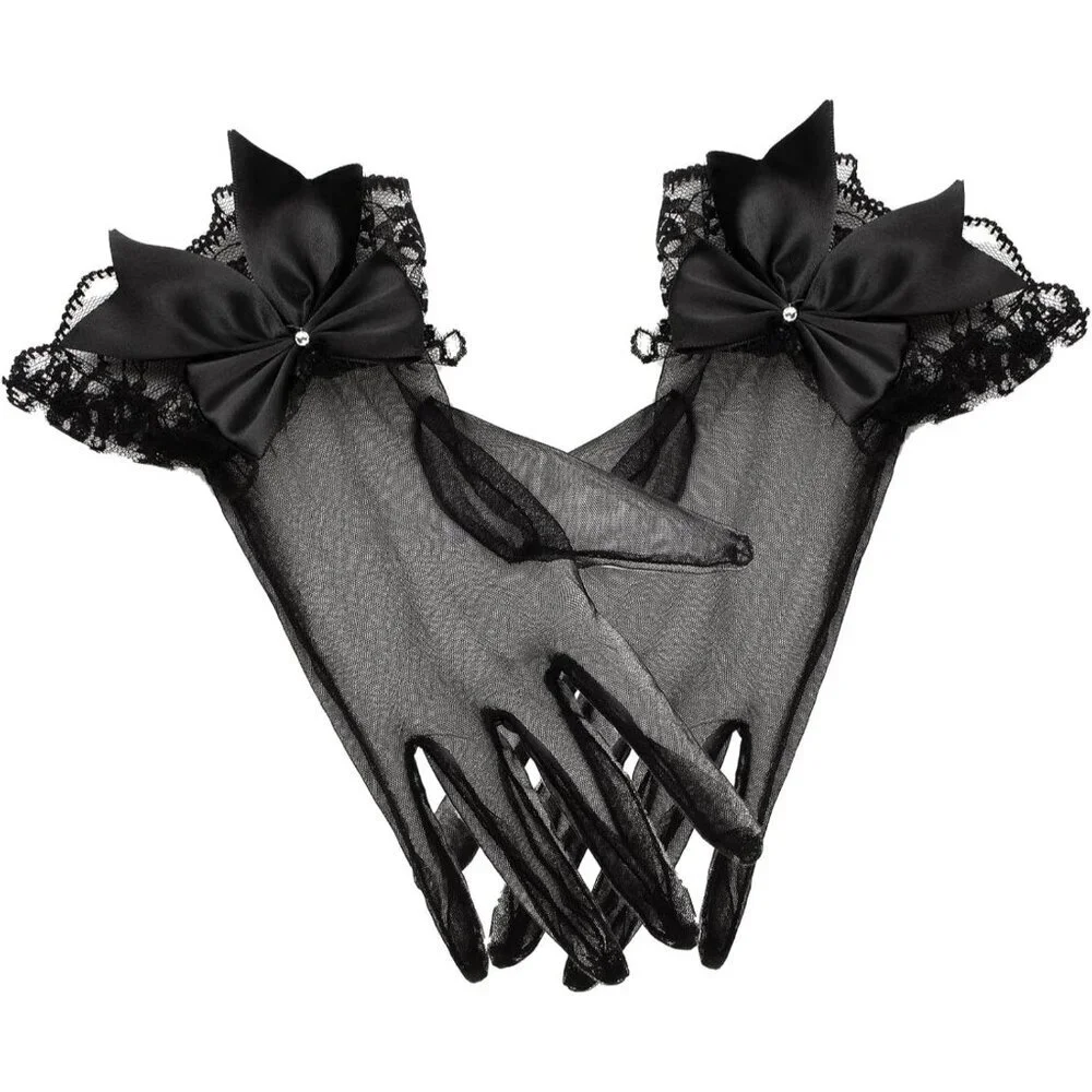 Women's Black Lace Short Wedding Ruffled Tulle Mitten Imported Polyester Gloves